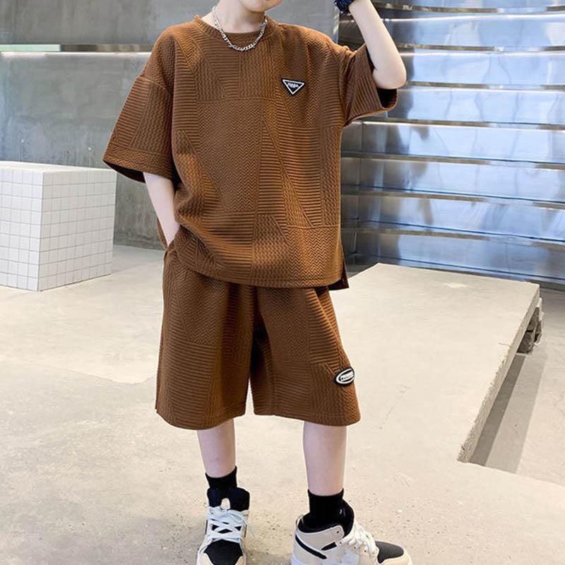 Boys Spring and Summer Round Neck Quick Dry Jacquard Solid Colour Short Sleeve Top + Shorts Casual Two-piece Set