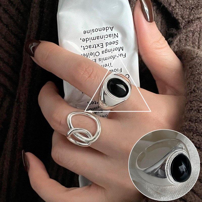 Женское ретро черное овальное геометрическое разомкнутое кольцо - Универсальное модное украшение на указательный палец