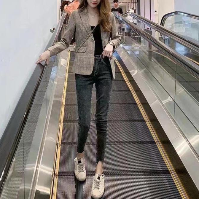 Women's Plaid Suit Jacket, Spring/Autumn 2024 Collection - Slim, Short Style, Trendy Student Look