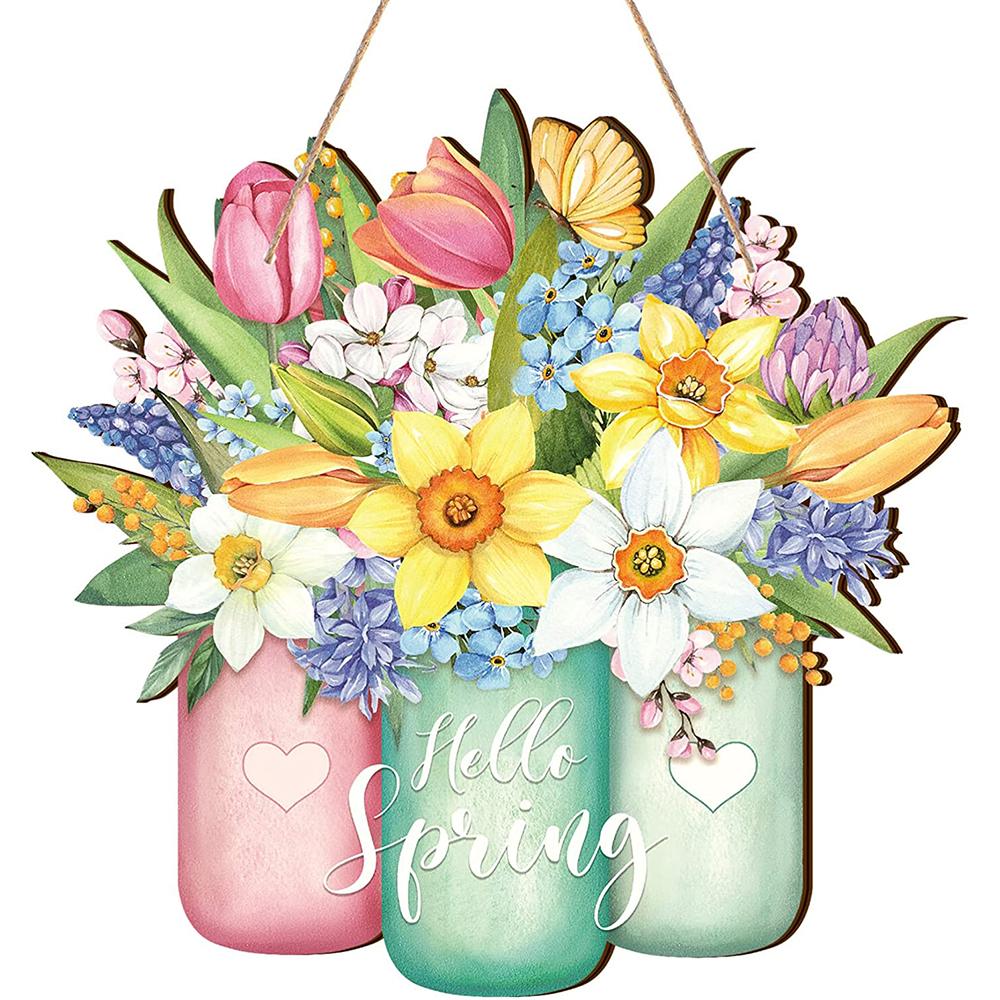 Hello Spring Flower Door Sign Hanging For Spring Front Door Wall Home Decoration