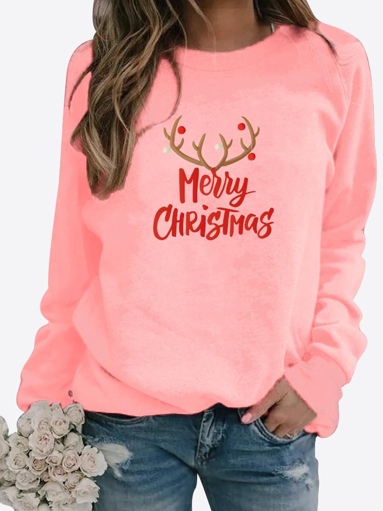Женская рождественский подарок, осенне-зимняя повседневная модная однотонная футболка с круглым вырезом и длинным рукавом с принтом, свободная блузка, топы