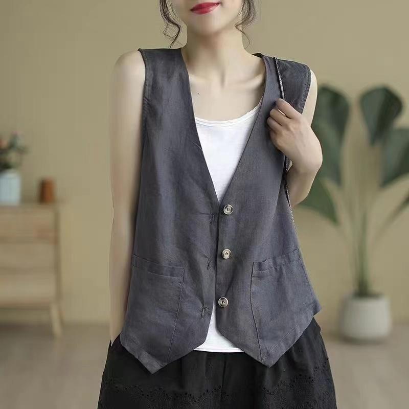 Women's Linen Vest Summer Casual Sleeveless Cardigans Jacket Loose Thin Casual Button Vest Top Female Streetwear Vest Coat