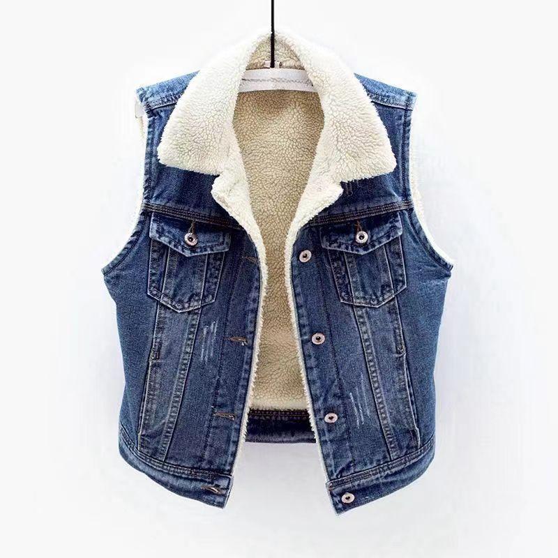 Women's Fall and Winter Sleeveless Loose Buttons Denim Vest Padded and Thickened Cotton Clothing