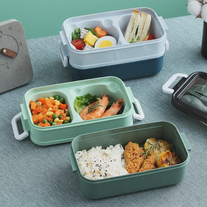Microwaveable Double-Layer Plastic Lunch Box with Tableware