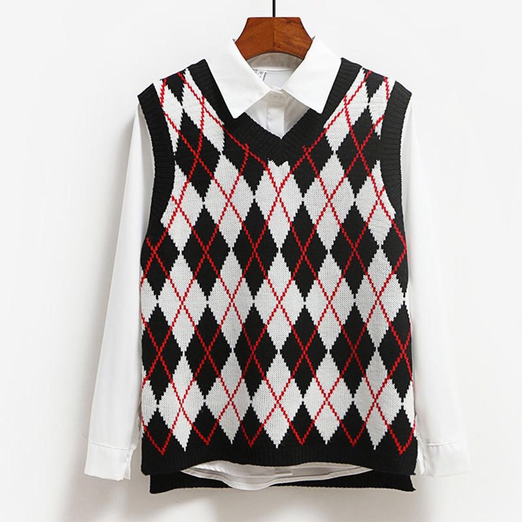 Women's Fashion Diamond Plaid Sleeveless V,neck Loose Student College Knitted Sweater Vest