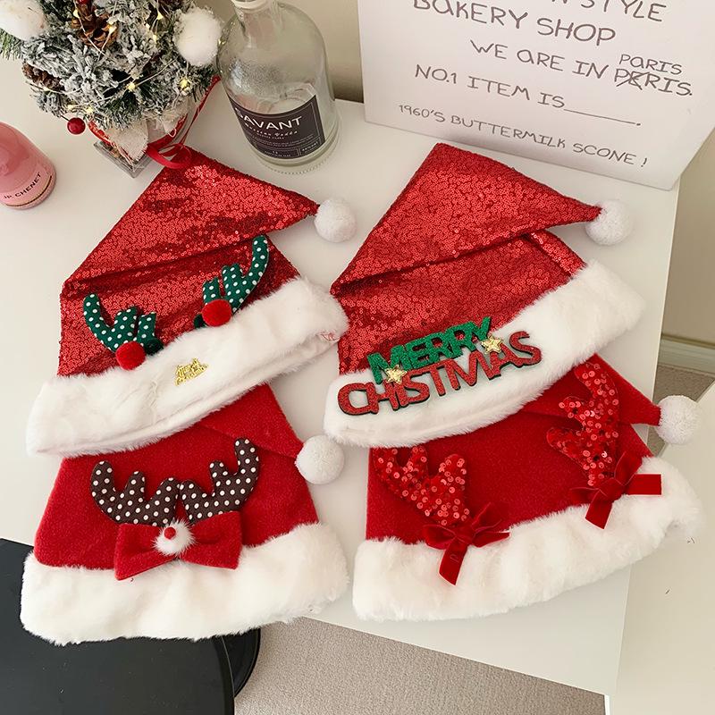 Women's Red Sequin Christmas Hat with Plush Antlers - 2023 Holiday Photo Headband