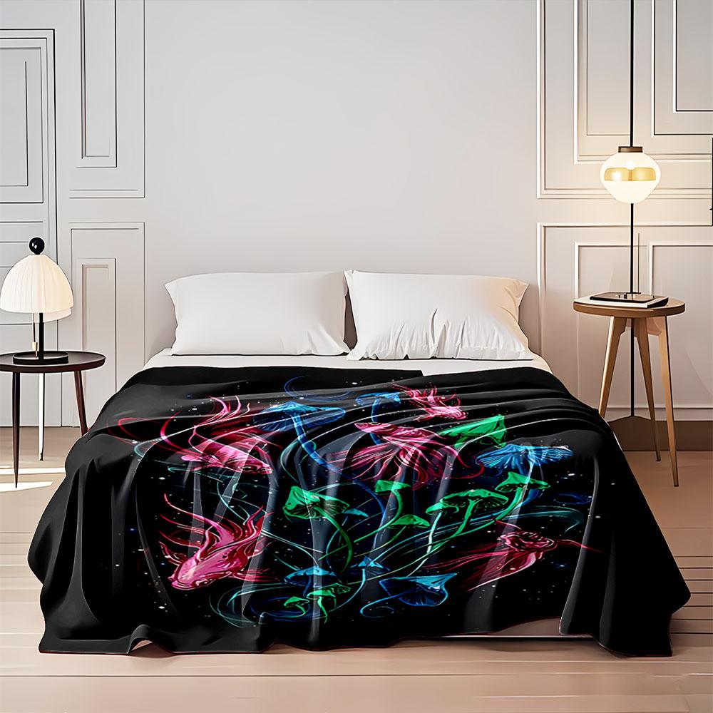 Vivid fish and mushrooms intertwined in a cosmic, glowing night scene. for all seasons blanket lunch break throw gift