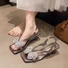 2025 Summer Square Head Rhinestone Bow Stiletto Women's Shoes Solid Color Back Strap Versatile Casual Lady High Heel Sandals