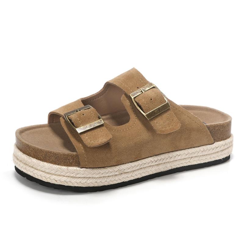 Мода 2024 года, лето, женские тапочки на платформе с двумя пряжками, пробковые тапочки из коровьей замши, сандалии на плоской подошве для женщин, ретро-садовые сандалии-сабо