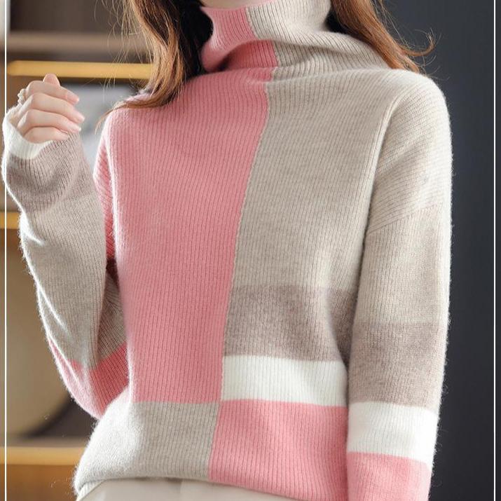 Women's Turtleneck Sweater Contrasting Pullover Sweater Autumn Winter Soft Loose Knitwear Long Sleeve Knit Tops