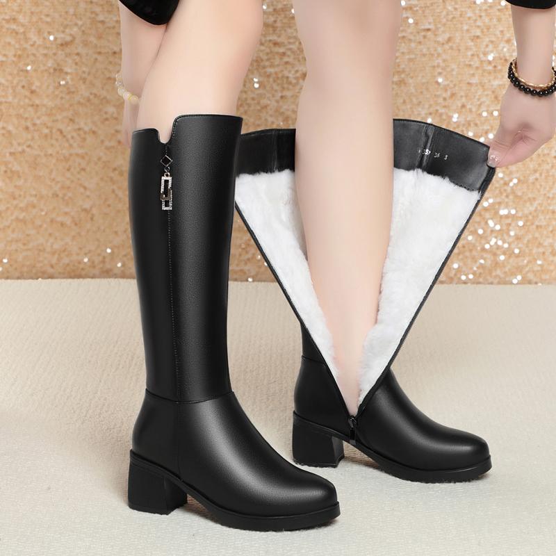 Женские зимние ботинки, теплые высокие сапоги из натуральной кожи и шерсти, женские модные женские сапоги на среднем каблуке на весну и осень