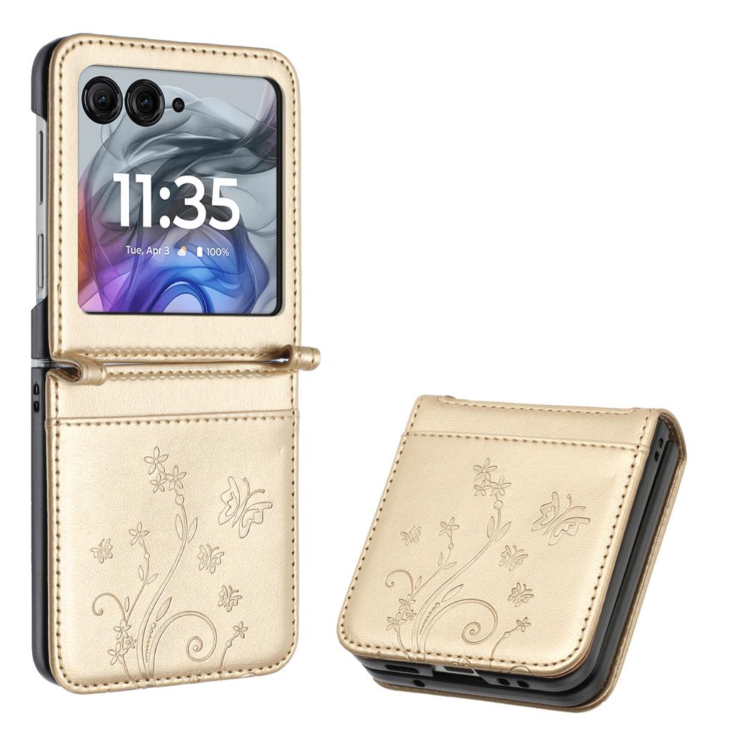 Кожаный чехол для Motorola Razr 60/50 5G с тиснением в виде бабочки и цветка, чехол для телефона с ремешком