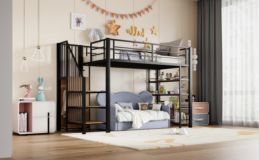 Loft Bed 90*200, with Safety Staircase, Storage Space and Small Wardrobe, Shelves, High Fence Design, Youth Bed, Black (Old SKU for LDB00162AAB)