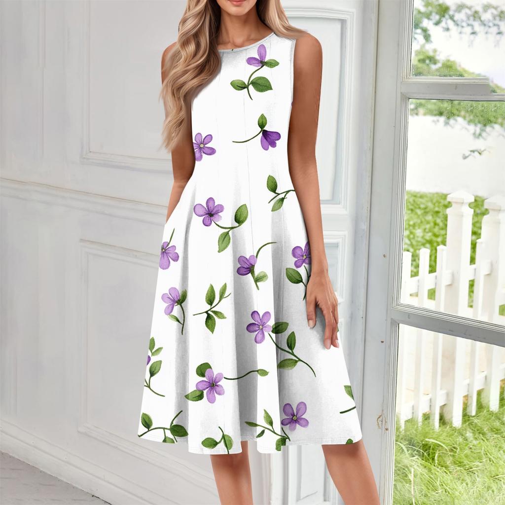 Женское повседневное модное платье миди с цветочным принтом и круглым вырезом без рукавов
