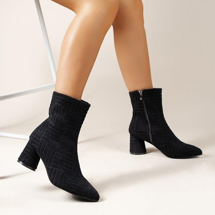 Зимние новые ботильоны на толстом высоком каблуке с острым носком, однотонные, из ткани-полотенца, детские