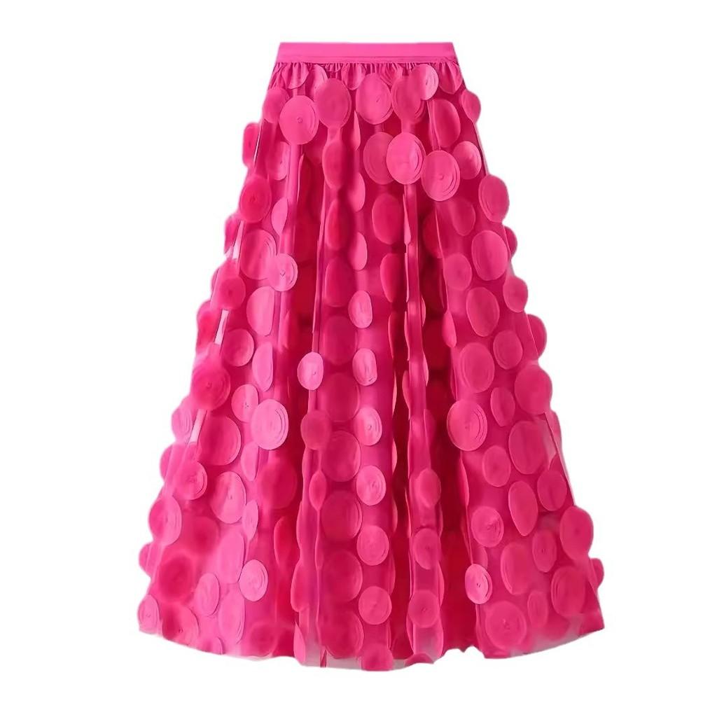 3D Аппликация Пэчворк Тюль А-силуэт Миди Юбка с Подкладкой Многослойная Легкая Полуюбка для Женщин Эфирная QT-2176