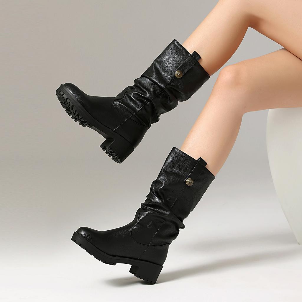 Women's Low-heeled Boots Autumn and Winter New European and American Thick-heeled Large-size Roman Medium Boots