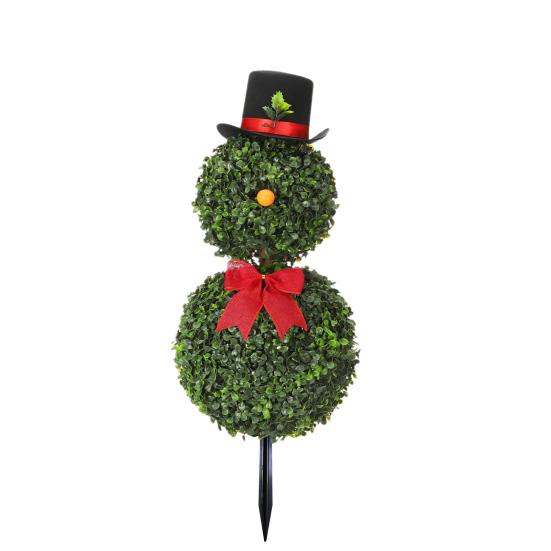 Yousheng Christmas Snowman Topiary Artificial Snowman Shaped Topiary Tree with Bow And Hat Outdoor Boxwood Topiary with Stake for Home Porch Decor