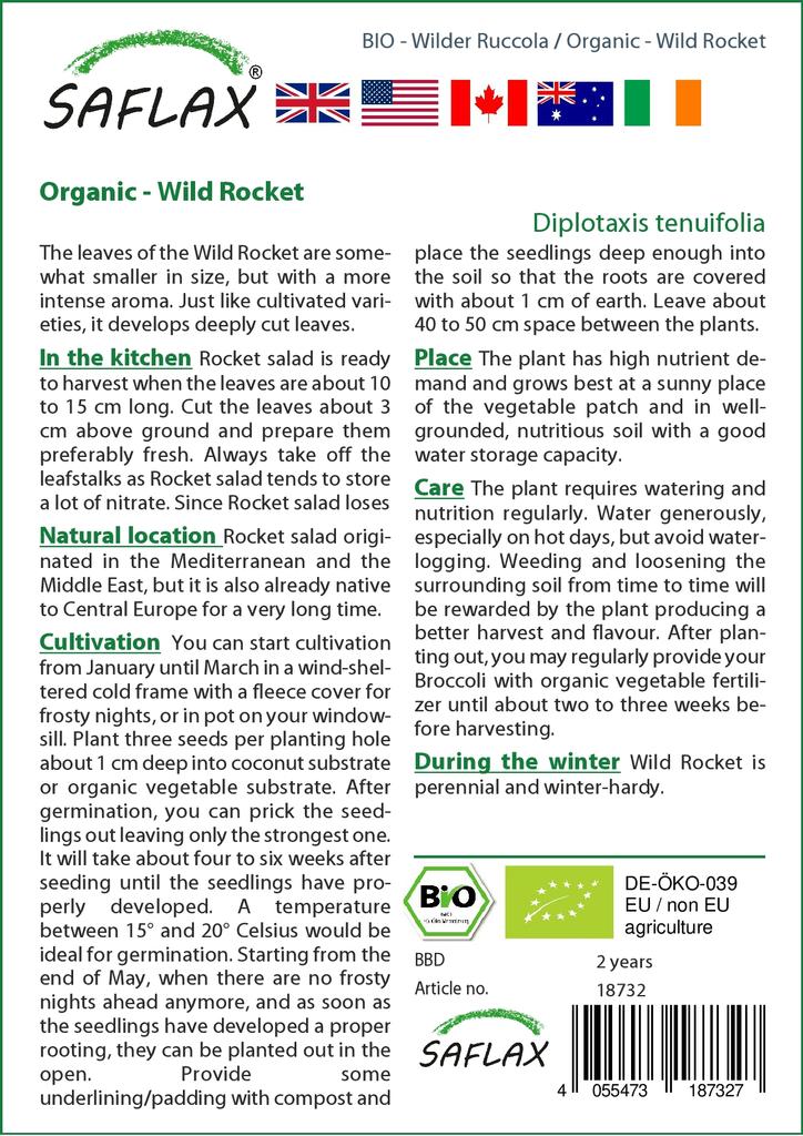SAFLAX Garden in the Bag - Органический - Wild Rocket - 1500 семян - С субстратом в подходящем мешке - Diplotaxis tenuifolia