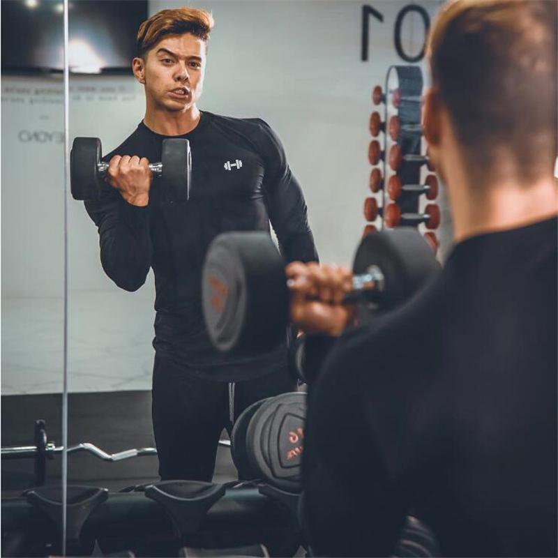 Muscleguys Осень Мужские Футболки с Длинным Рукавом для Бега с Круглым Вырезом Хлопковая Спортивная Одежда для Тренажерного Зала Приталенные Спортивные Футболки Футболки для Бодибилдинга Фитнес-Футболки