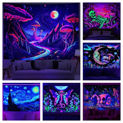 Гобелен Blacklight Galaxy Moon Trippy Plant с цветочным принтом, УФ-реактивный неоновый горный лес, психоделический настенный гобелен для декора комнаты