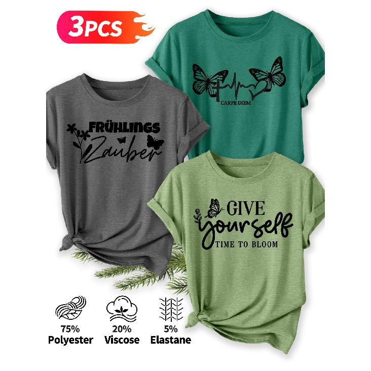 Three-piece set Elegant short-sleeved shirt for women Butterfly Spring Inspirational Slogan Print Pattern Round Neck Short Sleeve Casual Style