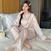 Мода весна осень Ice Silk Soft Женская пижама комплект пуговиц кардиган женский комплект из 2 предметов элегантная кружевная строчка розовая пижама женская