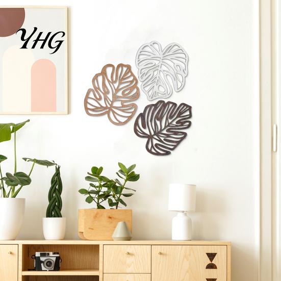 Monstera Leaf Wall Hanging 3Pcs Hollow Decoration, Wooden Tropical Art Plaque, Decorative Retro Ornament Sculpture with Hook for Living Room