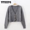 Женский короткий кардиган, вязаный свитер, осень-зима, джемпер с длинными рукавами и v-образным вырезом, кардиганы, повседневные женские пальто на пуговицах
