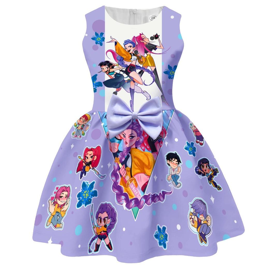 Kids Girls Anime Cartoon KPop Super Star Singer Printed Sleeveless Bow Casual Party Princess Dress Halloween Cosplay Costumes