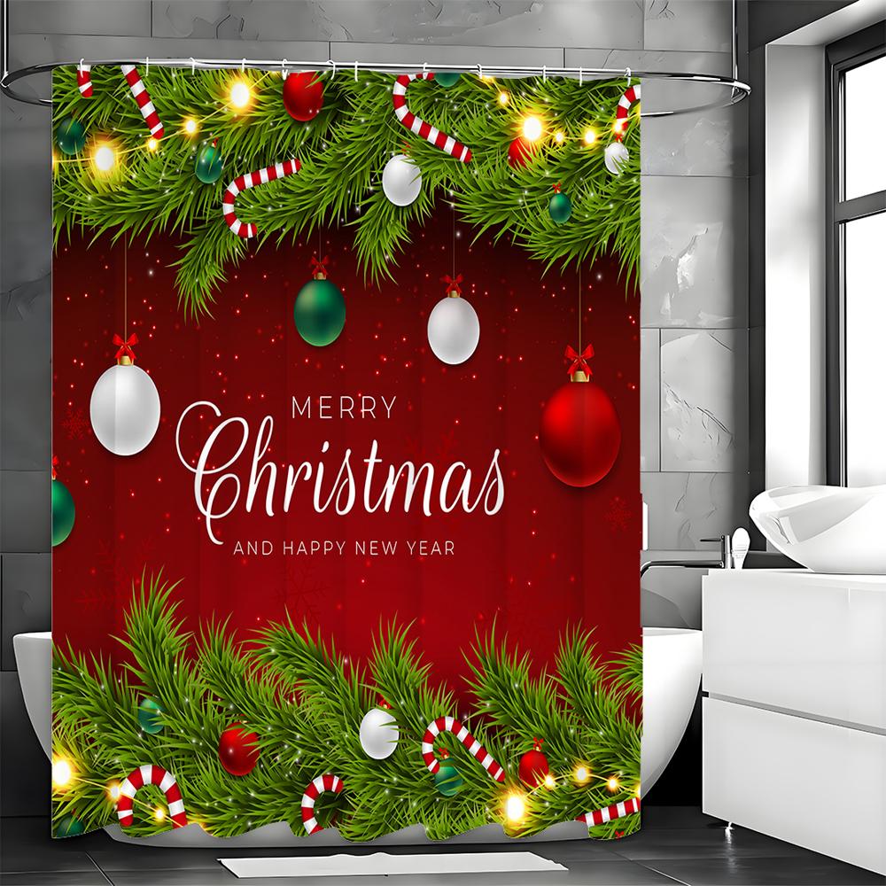 Christmas Colorful Lights Leaves Crutch Candy Shower Curtain, Bathroom Decorative Shower Curtain