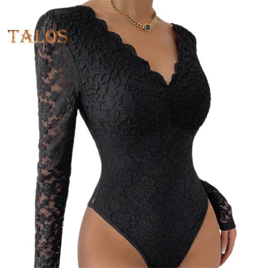 Women Bodysuit Flower Embroidery Lace Elastic Deep V Neck See-through Long Sleeve Solid Color Slim Fit Soft Breathable Spring Playsuit