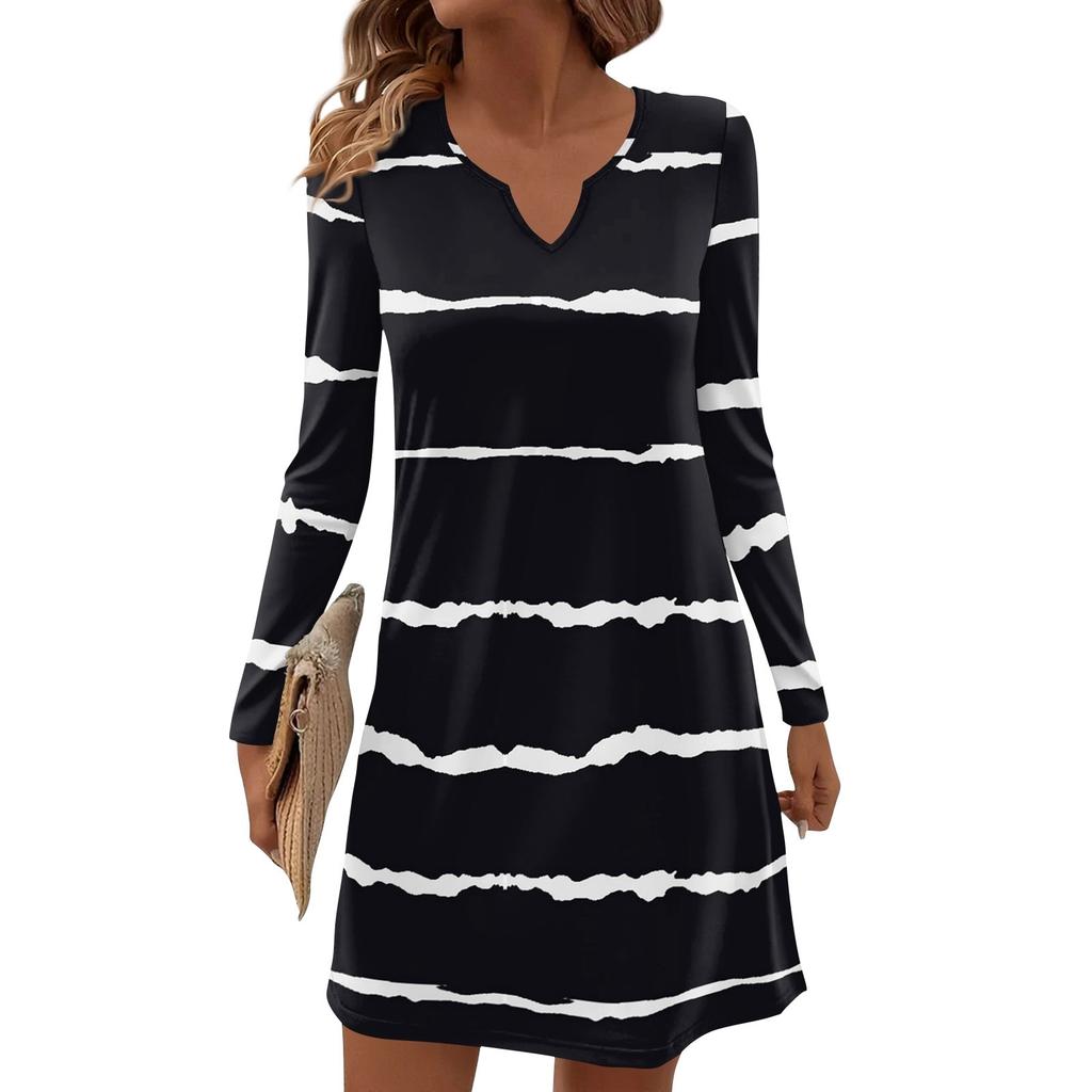 Women's Long-sleeved Casual Midi Dresses V-Neck Print Casual Dress