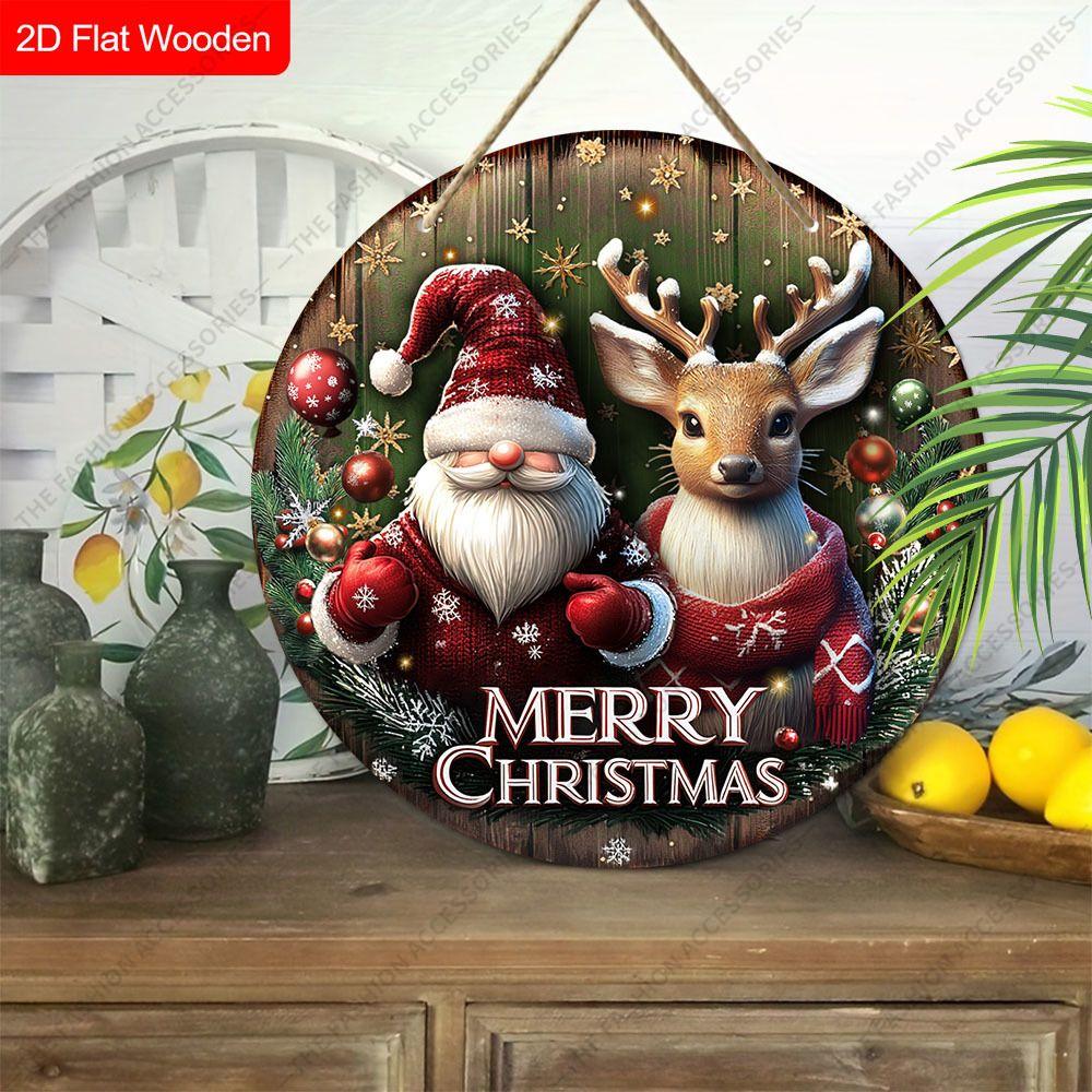 Santa Gnome Reindeer Merry Christmas Round Flat Wooden Hanging Sign
