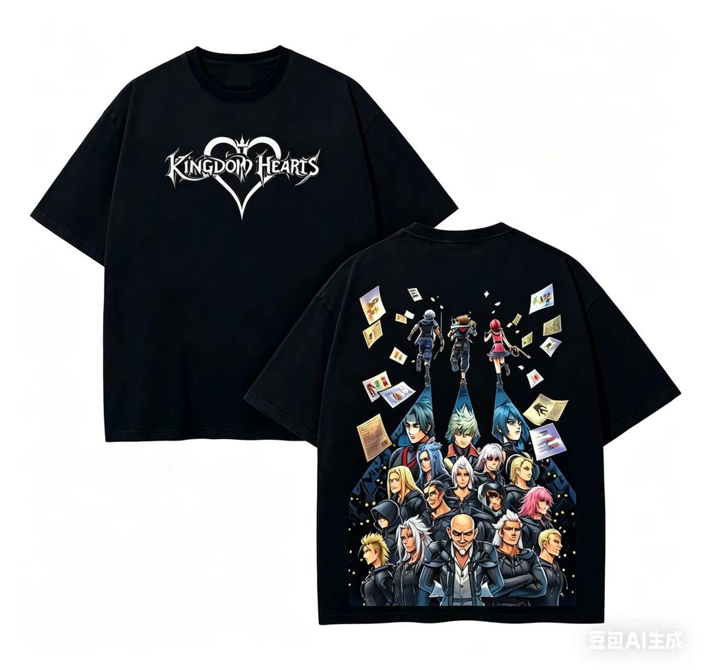 2026 Kingdom Hearts Pure Cotton T-Shirt, Double-sided Print with Sora's Keyblade and Heart Symbol, Oversized Casual Streetwear Must-Have T-Shirt
