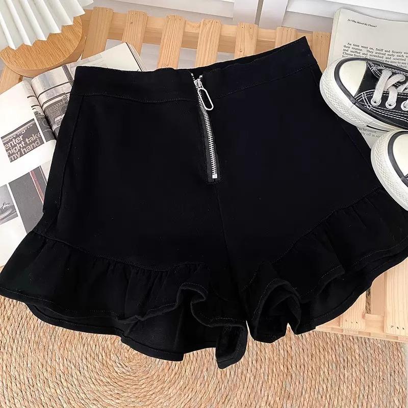 Autumn 2024 Women's Black High-Waisted Ruffle Wide-Leg Shorts - Spicy Girl Trendy Slimming Casual Pants