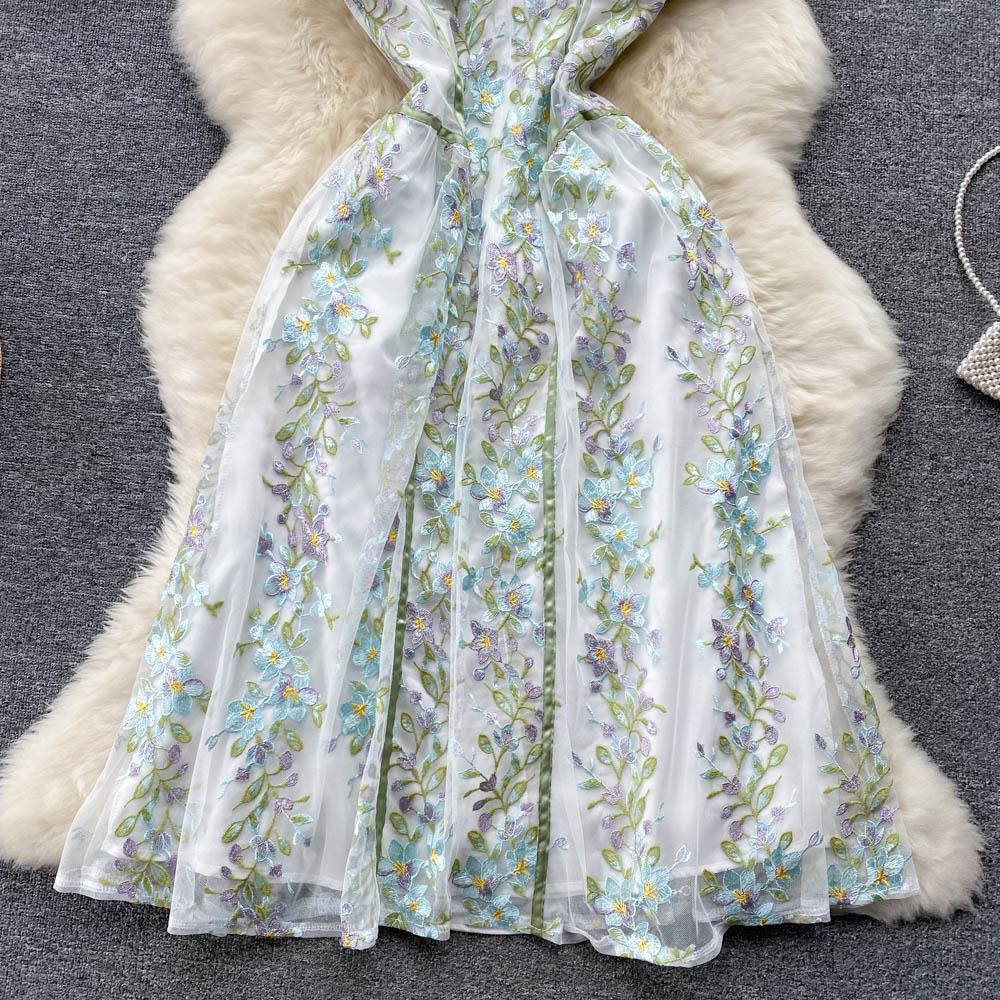 Женское новое летнее модное сексуальное платье на тонких бретельках для банкета, вечерние платья, роскошное сетчатое платье с вышивкой и цветком, пляжные праздничные платья