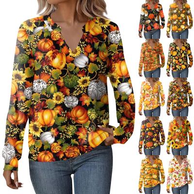 Женская повседневная толстовка с длинным рукавом и V-образным вырезом, свободный пуловер с принтом на Хэллоуин