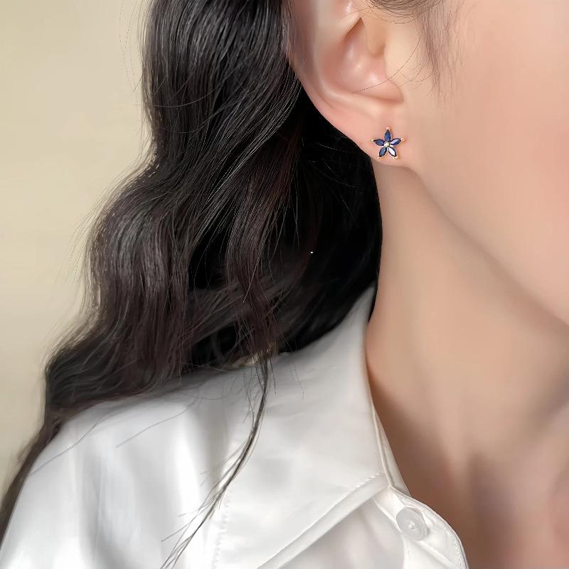 S925 Sterling Silver Plated 18K Gold Blue Zircon Flower Earrings Temperament Fashionable Versatile Jewelry Gift