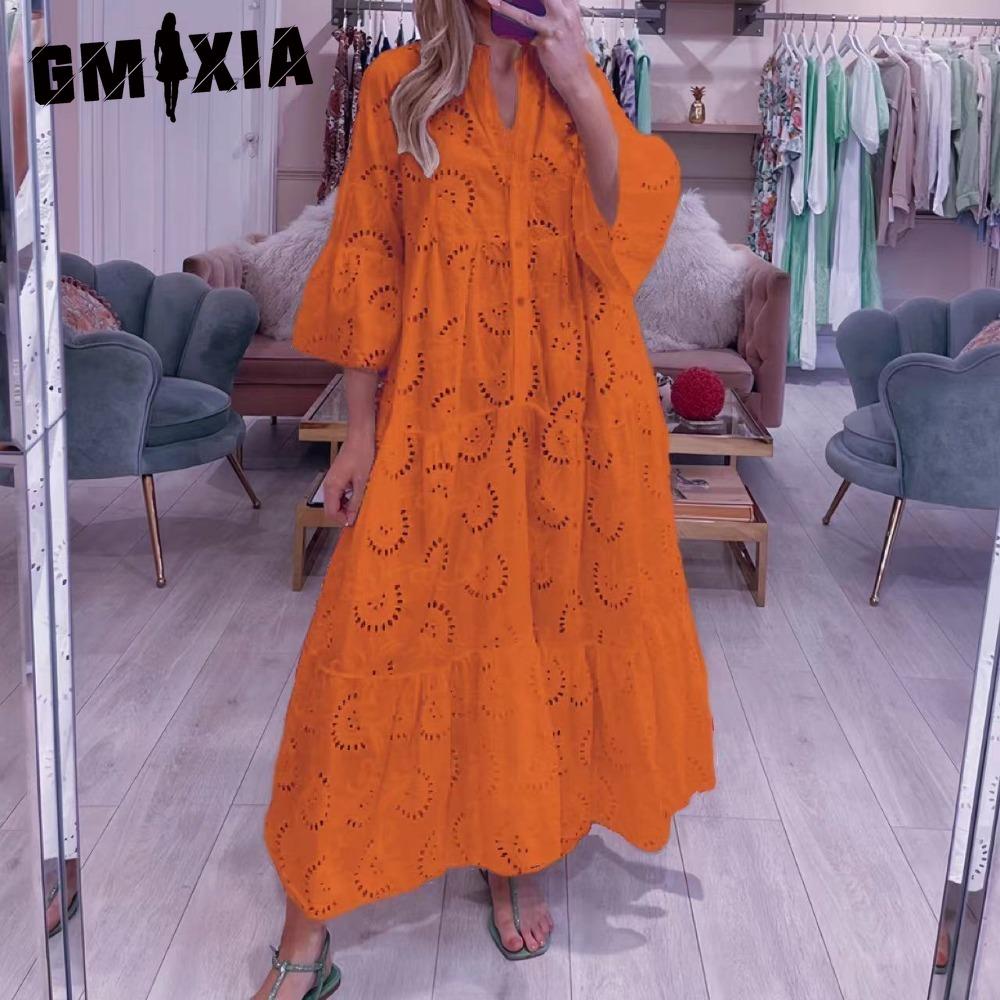 GMXIA 8 цветов S-5XL женские модные летние весенние однотонные повседневные платья с принтом и рукавом 3/4 с V-образным вырезом