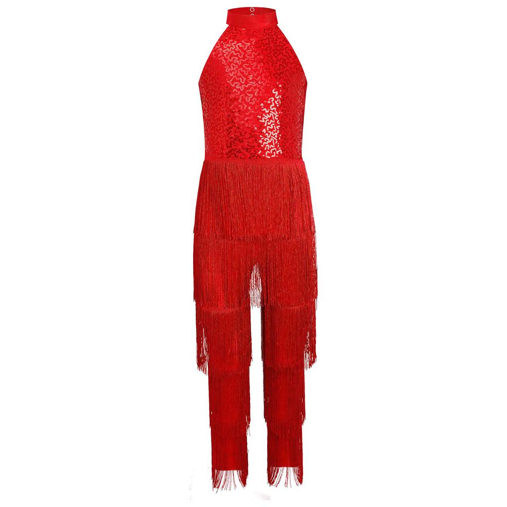 Girls Halter Sleeveless Backless Sequin Tiered Tassel Dance Jumpsuit Cha cha Latin Costume