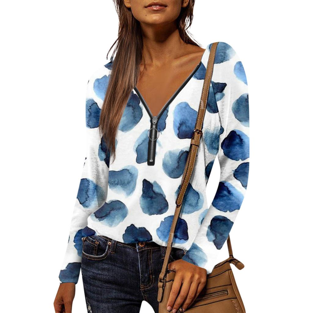 Женская рубашка, блузка, повседневные свободные рубашки, футболки с длинными рукавами и застежкой-молнией с v-образным вырезом и принтом, футболки, пуловеры, топы