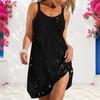Women Plus Size Scoop Neck Thin Strap Sleeveless Brown Beige Black Geometric Printed Loose Curved Hem Beach Dress
