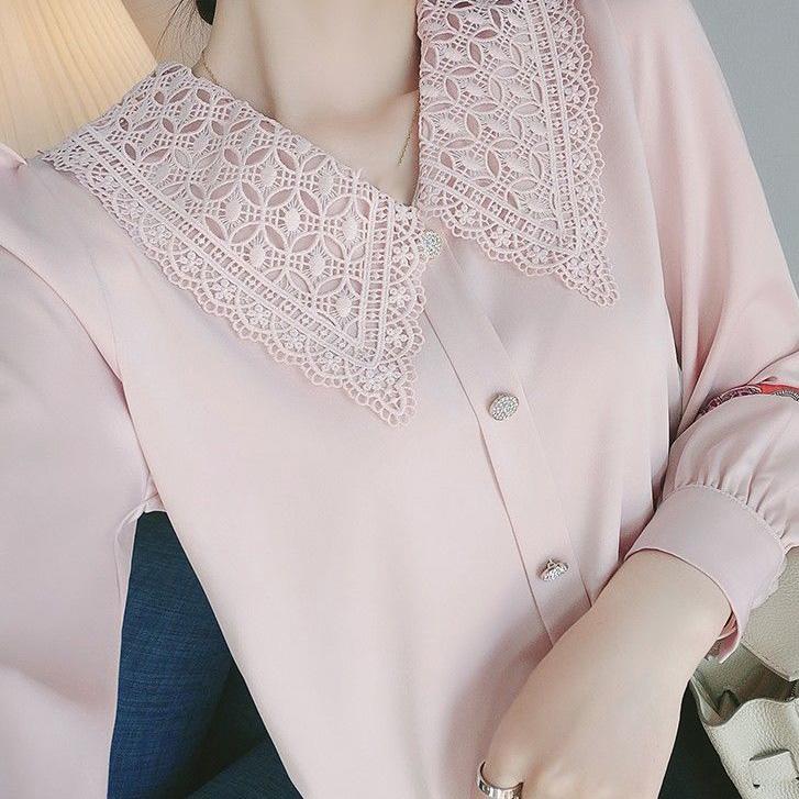 WTEMPO Элегантные однотонные шифоновые рубашки большого размера, женские кружевные лоскутные топы с V-образным вырезом и длинными рукавами на пуговицах