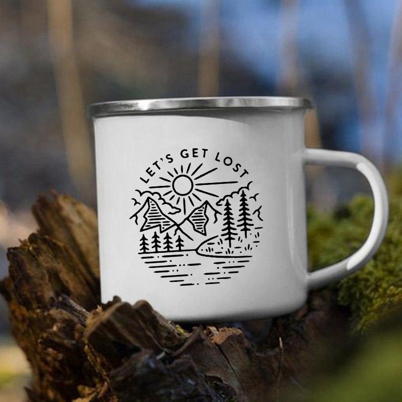Mountain Camping Adventure Print Enamel Creative Coffee Water Milk Cups Camping Mugs Handle Drinkware Vacation Hiking Mug Gifts