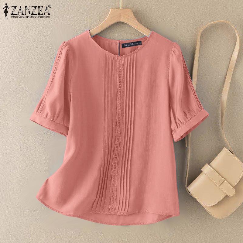 ZANZEA Женская летняя повседневная блузка с круглым вырезом и коротким рукавом