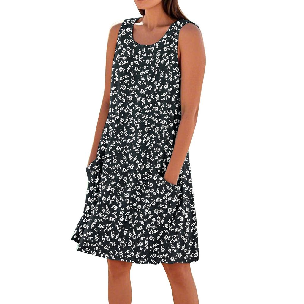 Women's Casual Summer Floral Print Sleeveless Pocket Dress