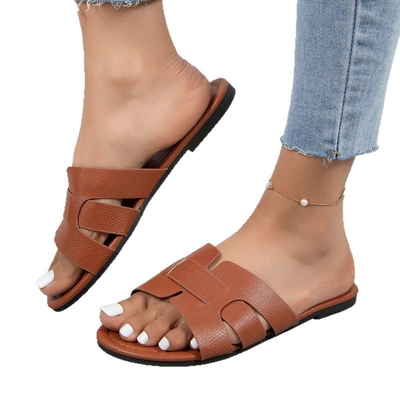 Большого размера шлепанцы с круглым носком на одно слово, женские летние, новая мода, уличная обувь, женские сандалии, пляжная обувь