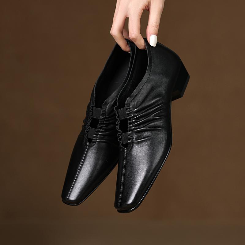 Мода 2025 Новая мода Квадратный носок Толстый средний каблук Женские туфли-лодочки Весна Лето Офисная леди Вечеринка Натуральная кожаная обувь Женский размер 34-40