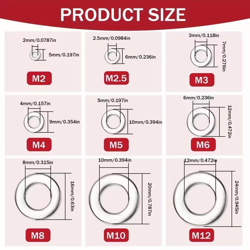Boxed Flat Washer Assortment, 900pcs, M2-M12 O-ring Metal Washers